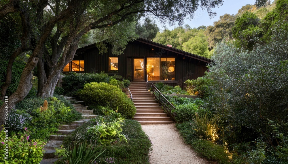 Dark house with lush garden