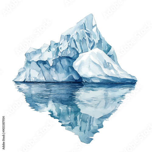 Iceberg Breaking Apart In The Arctic, vector watercolor illustration, isolated on a white background.