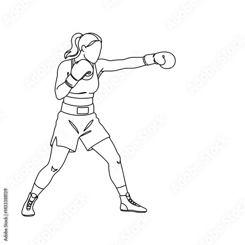 Female boxer jab punch, minimalistic line art, boxing pose illustration