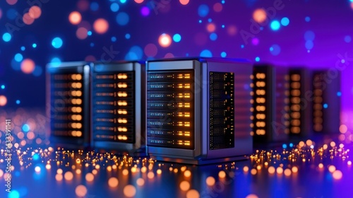 Plakat Data Servers Hosting with Lights Background Showing Information Technology Infrastructure