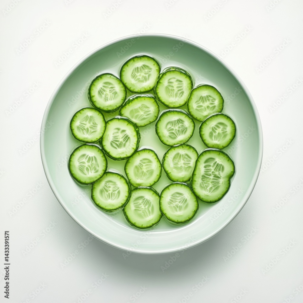 A bowl of sliced cucumbers in water, arranged in a circle A bowl of sliced cucumbers in water, arranged in a circle