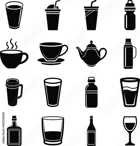 Wine Glass Vector Icons Set Silhouette for Digital Use