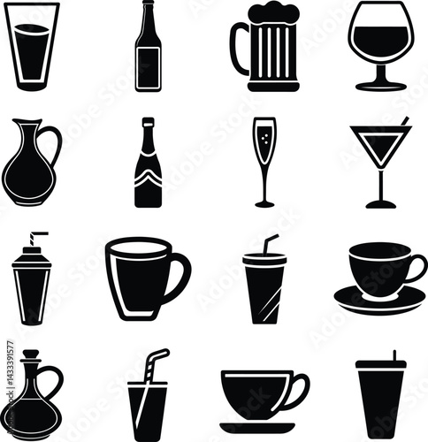 Wine Glass Silhouette Icon Set Vector for Digital Download