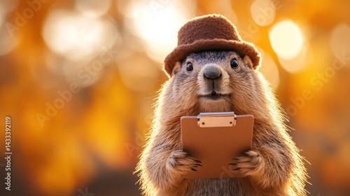 Groundhog with Hat Holding Clipboard in Autumn Scene for Presentation