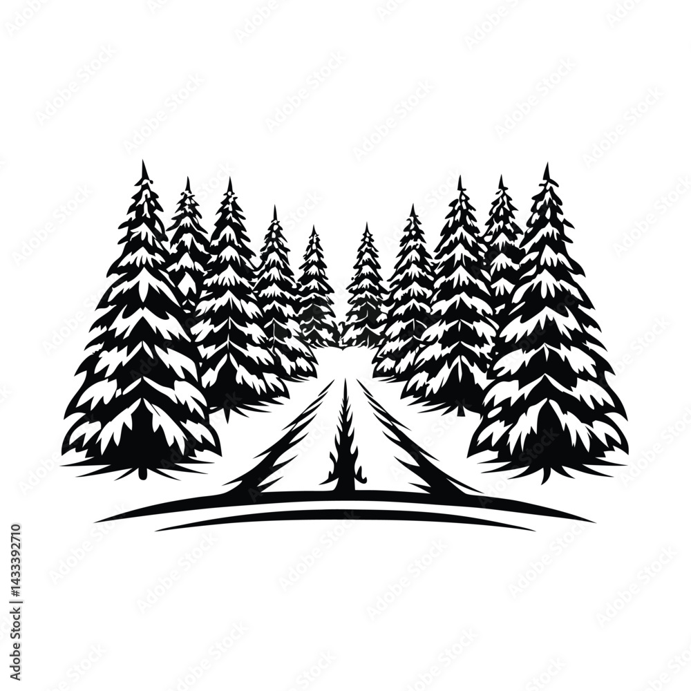 Obraz premium Monochrome Silhouette Pine Trees Lining a Path, Nature Landscape in Black and White