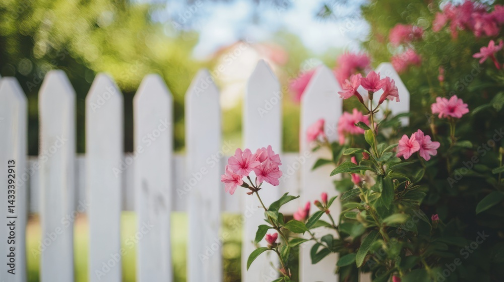 Pink flowers bloom near white picket fence, creating peaceful tranquil scene, symbolizing serenity, calm, beauty. Pink flowers bloom near white picket fence, creating peaceful tranquil scene, symbolizing serenity, calm, beauty.