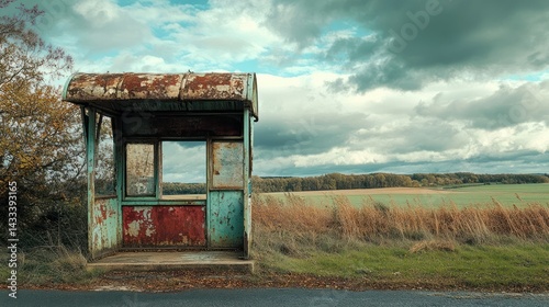 Weathered bus shelter stands abandoned, rural landscape showing dilapidated structure, fields, trees, overcast sky.