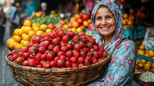 Smiling Woman Holding Basket of Strawberries at a Vibrant Market