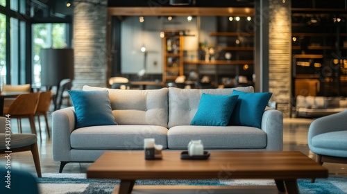 A modern interior design displays a cozy sofa with pillows