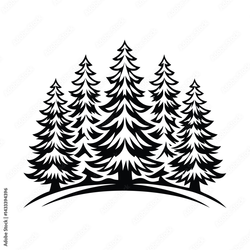 Obraz premium Silhouette Pine Tree Forest, Evergreen Fir Trees, Abstract Conifer Woods, Black and White