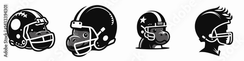baby hippo head with american football helmet. Sport lover graphic design. Infant river-horse cranium within gridiron defense gear a humorous wildlife portrait.