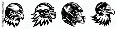 Bald Eagle head with american football helmet. Sport lover graphic design. Avian predator visage sporting gridiron dome usa icon patriotic headgear.