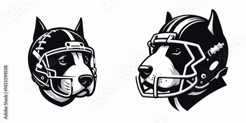 Bull Terrier Dog head with american football helmet. Sport lover graphic design. Canine athlete portrait face donning gridiron headgear.