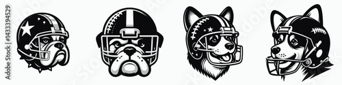 Bulldog Dog head with american football helmet. Sport lover graphic design. Canine portrait gridiron protective headgear pigskin theme.
