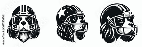 Cavalier King Charles Spaniel Dog head with american football helmet. Sport lover graphic design. Sporty canine face in gridiron protective headgear.