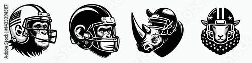 Chimpanzee head with american football helmet. Sport lover graphic design. Ape cranium sporting gridiron protective headgear funny animal artwork.