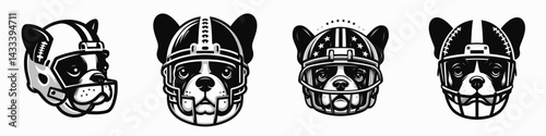 French Bulldog head with american football helmet. Sport lover graphic design. Canine visage donning gridiron headgear pup in athletic protective covering.