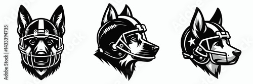 German Shepherd Dog head with american football helmet. Sport lover graphic design. Canine visage shepherding breed gridiron helmet pro ball armor equipment.