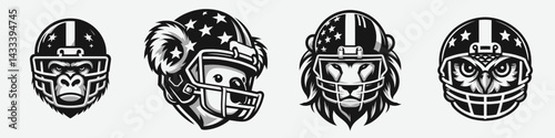 Gorilla head with american football helmet. Sport lover graphic design. Ape cranium wearing gridiron protective headgear for game day celebration.