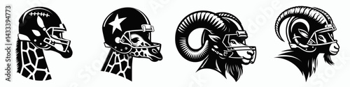 Giraffe head with american football helmet. Sport lover graphic design. Tall mammal cranium wearing gridiron protective headgear for competition.