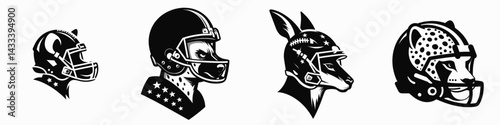 Hyena head with american football helmet. Sport lover graphic design. Canine cranium donning gridiron dome protective headgear concept.