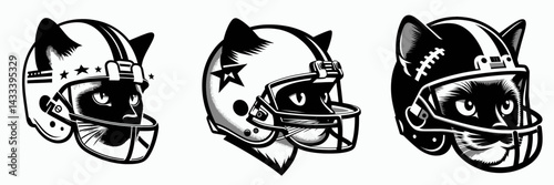 Siamese Cat head with american football helmet. Sport lover graphic design. Feline headgear oriental kitty sporting protective gridiron dome theme.
