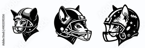 Sphynx Cat head with american football helmet. Sport lover graphic design. Hairless feline cranium fitted gridiron protective headgear.