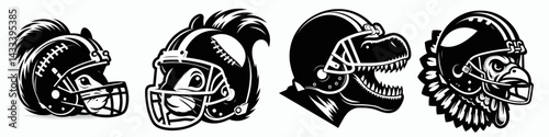 Squirrel head with american football helmet. Sport lover graphic design. Rodent cranium donning gridiron tackle protector funny wildlife mascot.