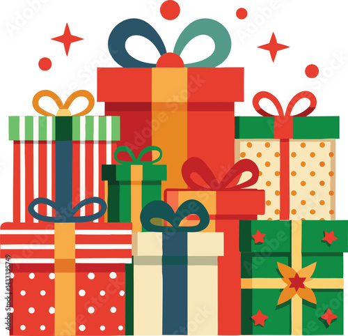 Festive Stack of Christmas Gift Boxes with Ribbons and Stars  Colorful Holiday Illustration