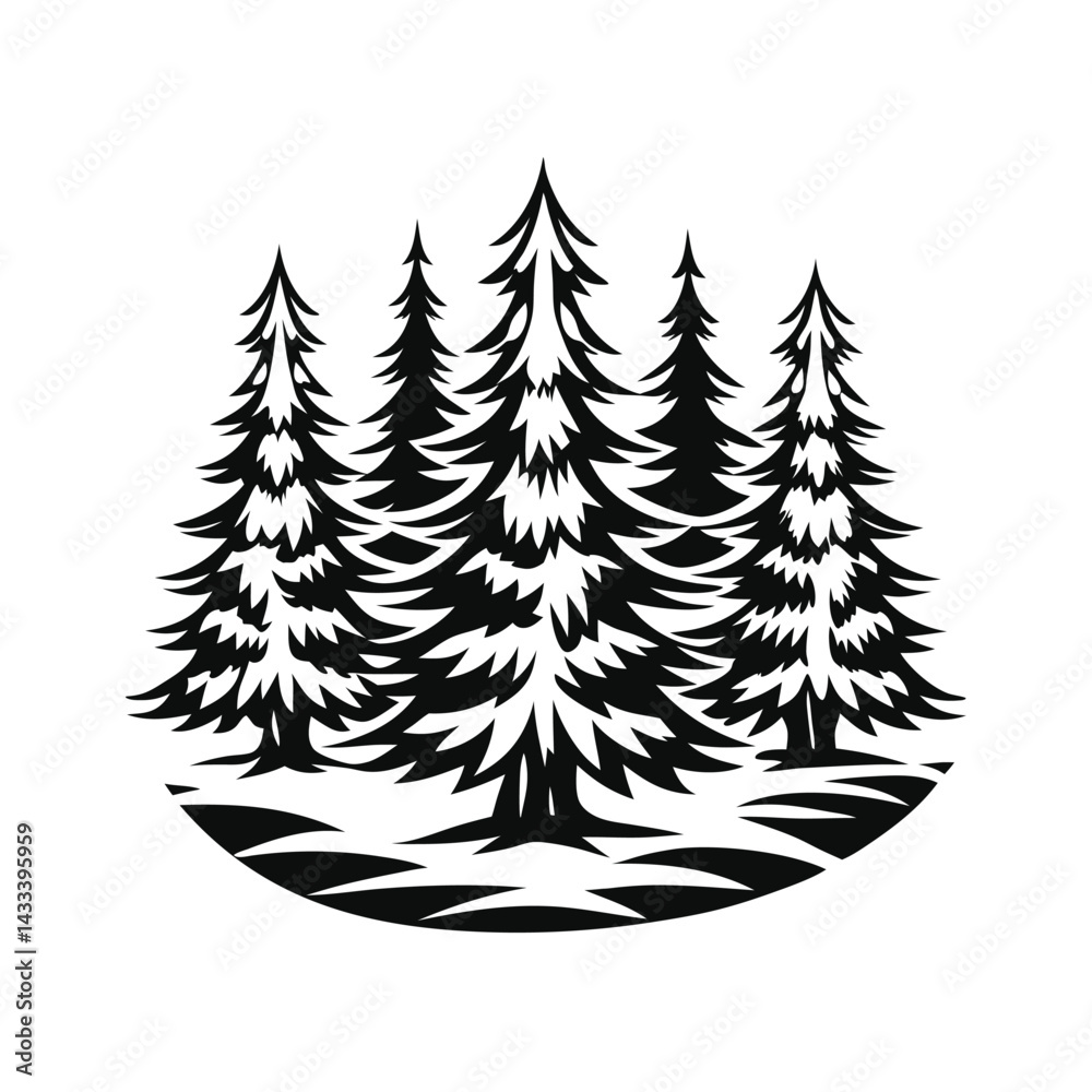 Fototapeta premium Black Silhouette of Tall Pine Trees with Foliage on a White Background, Nature Art