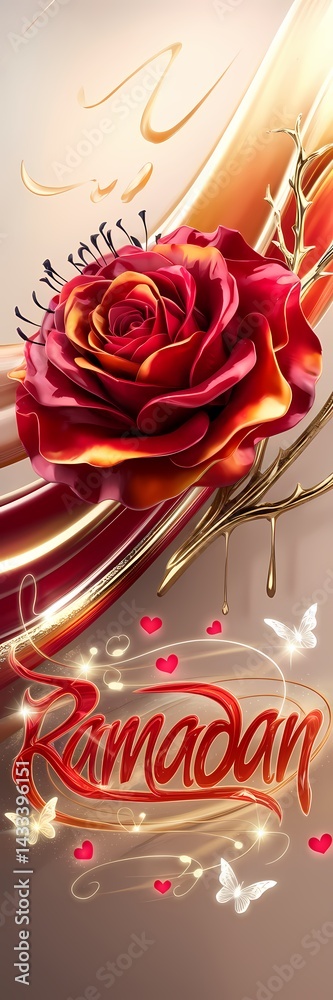 Naklejka premium Luxurious 3D Illustration of Radiant Red Rose with Glossy Orange-Tinted Petals on Golden Branch Featuring Glowing Hot Red Ramadan Text Surrounded by Shimmering Hearts and Delicate Light-Up Butterflies