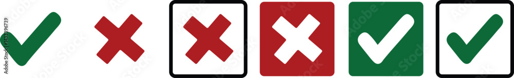 Fototapeta premium Tick and Cross Icon Set Approved and Denied Symbols in Fun and Bold Styles editable colors
