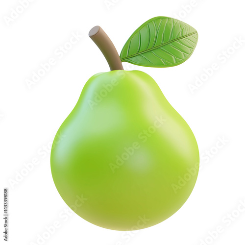 3D Render of a Single Green Pear with Leaf, Isolated on White Background