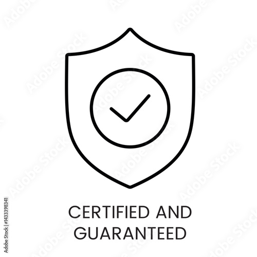 Certified and guaranteed shield icon representing quality assurance in bedding and pillow products used for trust labels and packaging line icon in vector with editable stroke