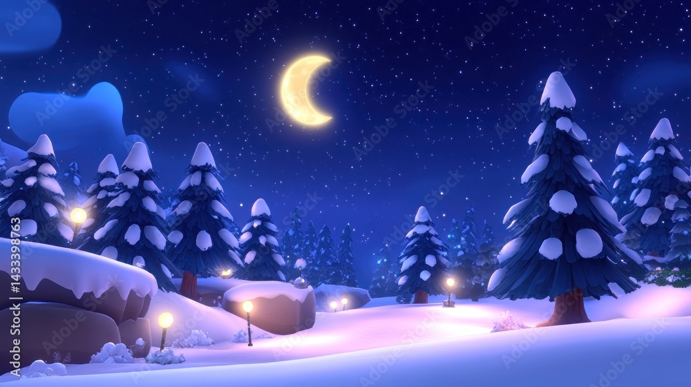 Fototapeta premium A whimsical winter night scene with snow covered trees and a crescent moon