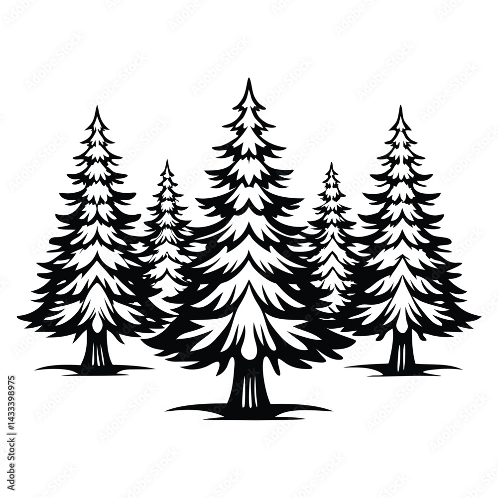Obraz premium Monochrome Silhouette Evergreen Trees in Forest, Pine Trees, Fir Trees, Coniferous