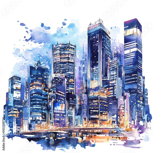 watercolor of High-tech City At Night, vector, isolated on a white background.