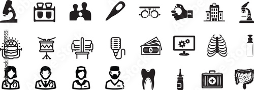 Set of 24 outline various activities of medicine, healthcare, medical diagnosis and treatment, pharmacy, online medical support vector illustration and with healthcare editable vector isolated