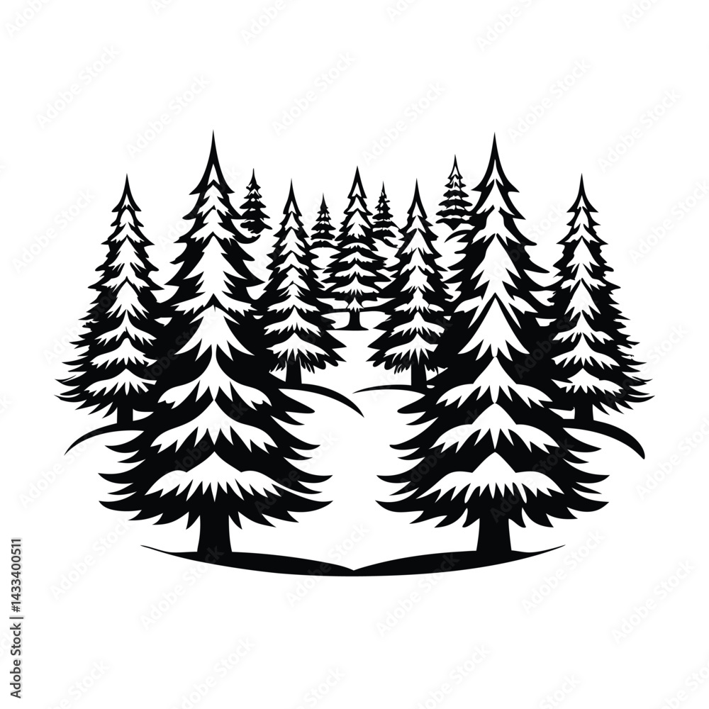 Obraz premium Dense Forest Black Pine Trees Silhouettes on a White Background