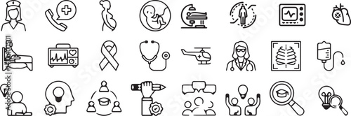 Set of 24 outline various activities of medicine, healthcare, medical diagnosis and treatment, pharmacy, online medical support vector illustration and with healthcare editable vector isolated