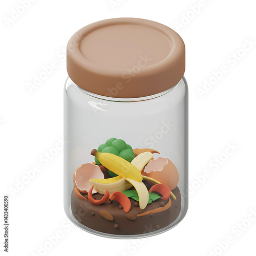 3D Model of Clear Glass Compost Jar with Brown Lid Filled with Organic Kitchen Waste for Home Composting
