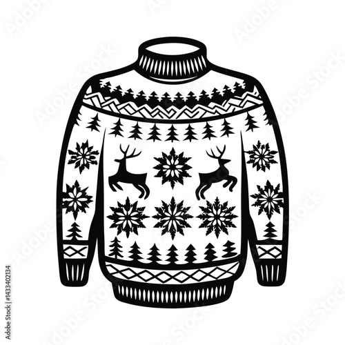 Black and White Christmas Sweater Silhouette, Deer, Snowflake and Tree