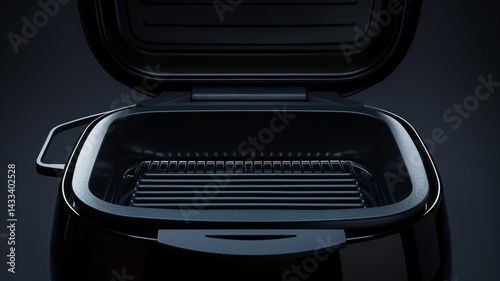 Photorealistic image of a compact electric grill with removable drip tray in a studio setting