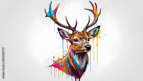 Colorful Deer Portrait in Artistic Paint Drip Style on Transparent Background - High Resolution Digital Art photo