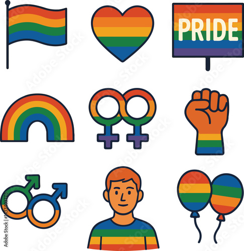 Diverse LGBTQ+ Pride Symbols and Rainbow Elements.
