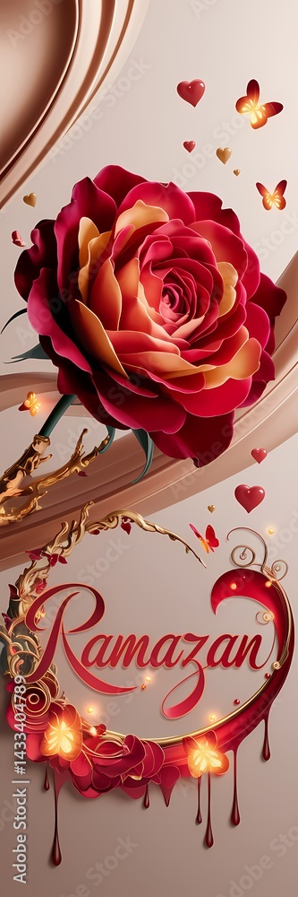 Naklejka premium Luxurious 3D Illustration of Radiant Red Rose with Glossy Orange-Tinted Petals on Golden Branch Featuring Glowing Hot Red Ramazan Text Surrounded by Shimmering Hearts and Delicate Light-Up Butterflies