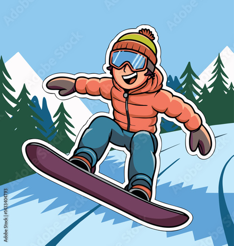 15.epsA fun and energetic cartoon character snowboarding. The boy is wearing a winter hat, orange jacket, gloves, and ski goggles, capturing the thrill and excitement of a snowboarding adventure in th