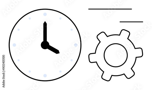 Clock with hour and minute hands and a gear icon symbolizes time, productivity, and efficiency. Ideal for workflow, management, planning, organization, technology process engineering. Flat simple