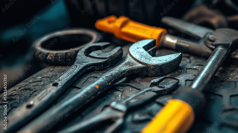 Fototapeta premium A close up photograph showing tools resting on a surface