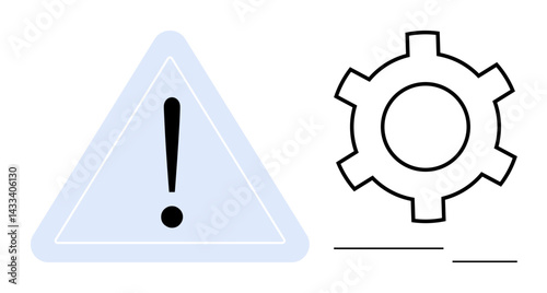 Triangular caution sign with exclamation mark and gear outline denoting warning, system setup, or maintenance. Ideal for problem-solving, system update, attention, troubleshooting, hazard